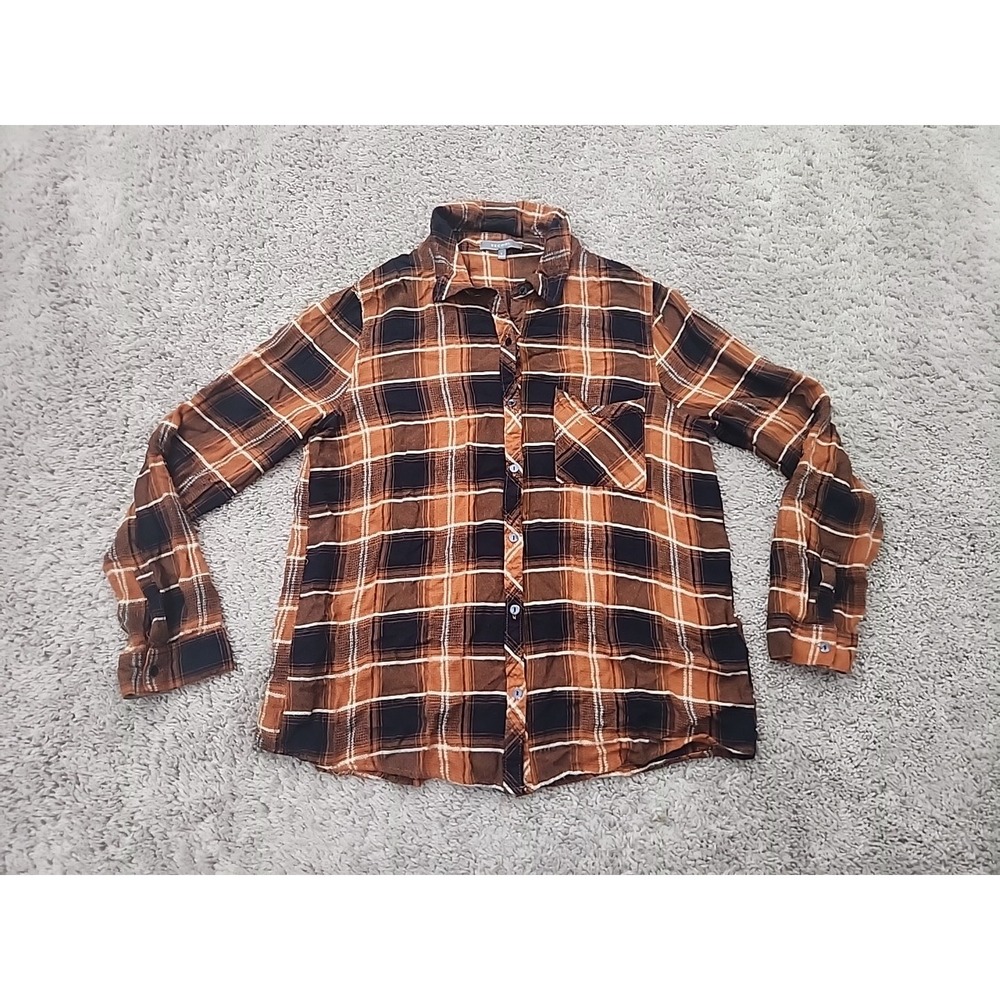 Be Cool Button Up Shirt Womens L Orange Plaid Long Sleeve Flannel Outdoor